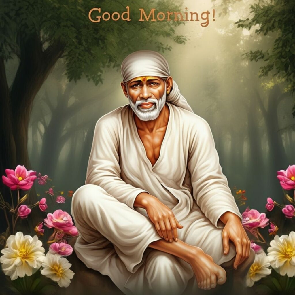 A serene image of an Sai baba in white robes and headscarf, sitting cross-legged among pink and white flowers in a sunlit forest. The words Good Morning! appear above him.