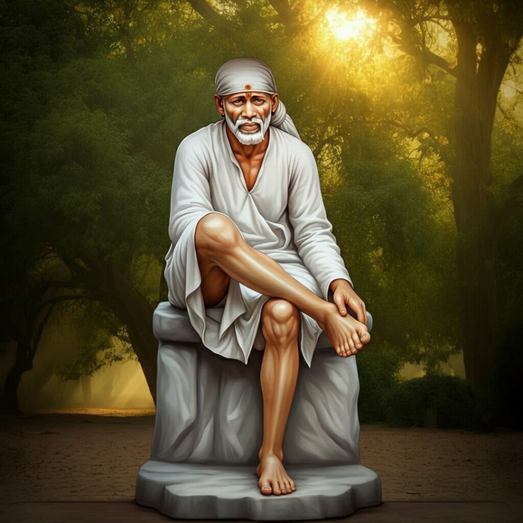 A serene statue of Sai Baba in white robes and a headscarf sits on a stone bench, adjusting his foot, with sunlight streaming through the trees in the background.