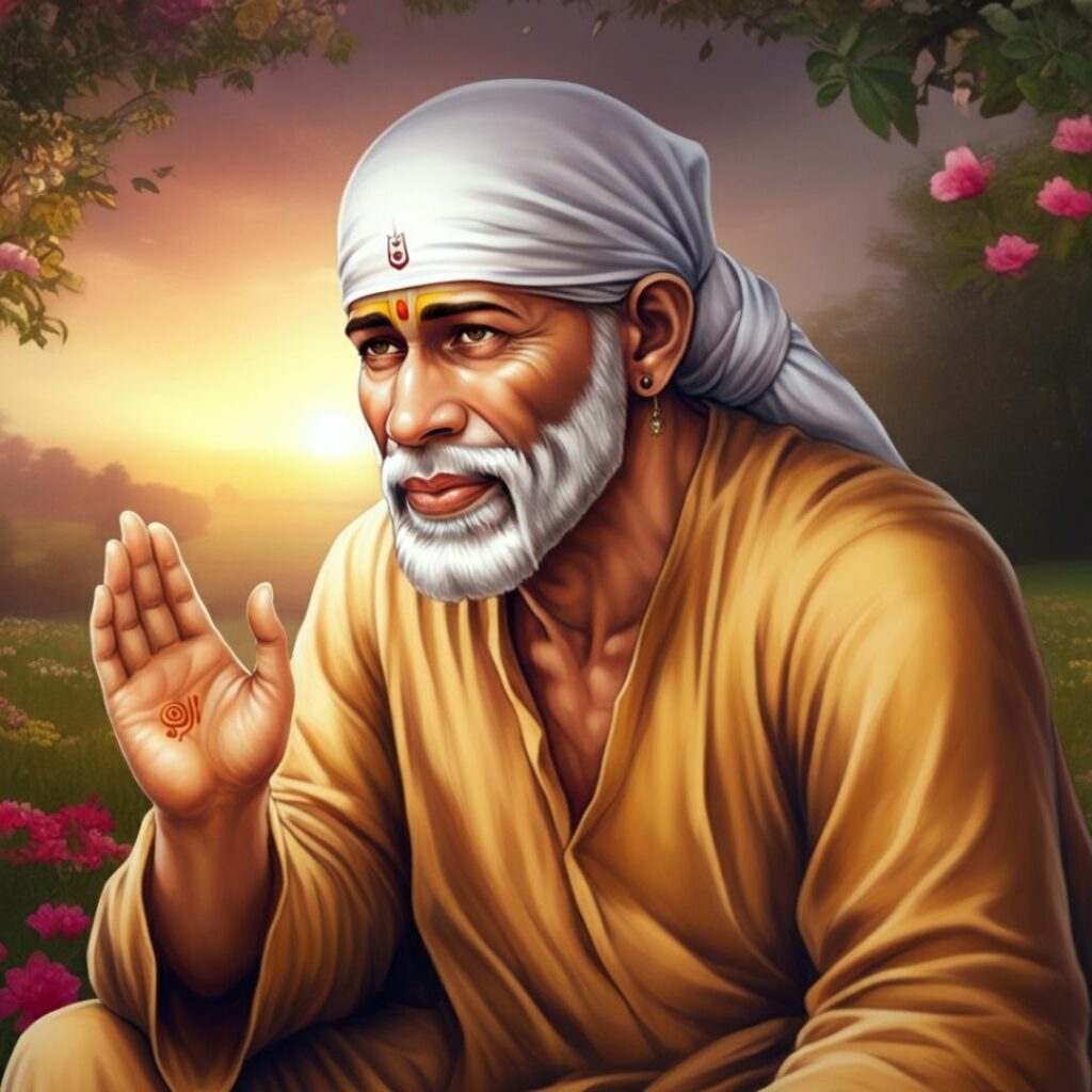 A serene Sai baba with a white beard and headscarf, wearing a simple ochre robe, sits outdoors among flowers at sunset, raising his right hand in a blessing gesture.