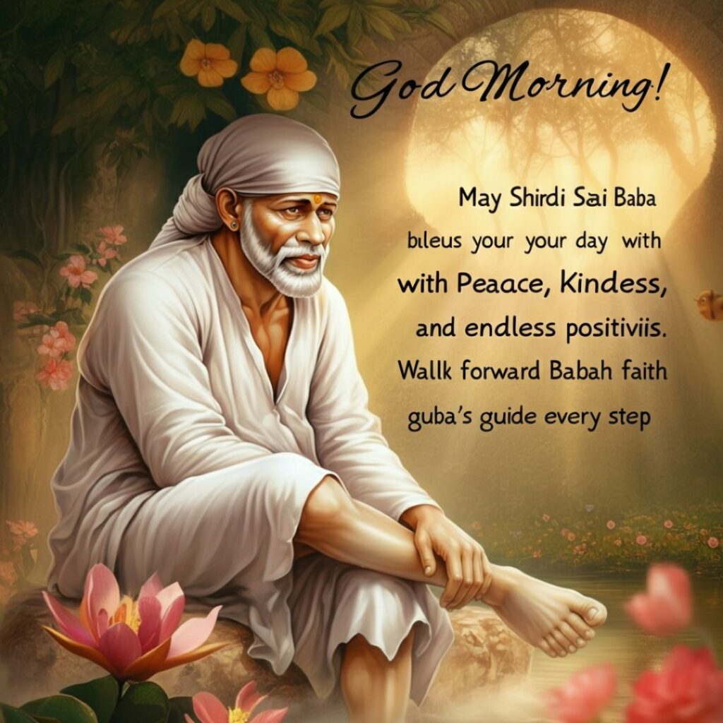 An illustration of Sai Baba sitting among pink flowers and greenery, with warm sunlight shining behind. The text reads: “God Morning! May Shirdi Sai Baba bless your day with peace, kindness, and endless positivis. Walk forward Babas faith guide every step.”.