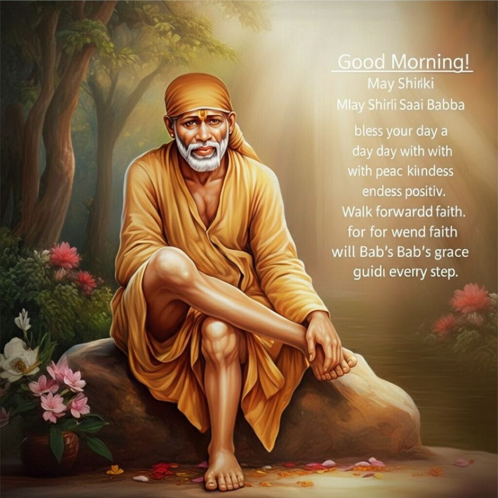 A serene painting of Sai Baba sitting on a rock in a forest, surrounded by flowers and sunlight. Inspirational morning text wishing blessings, faith, and grace appears on the right side of the image.