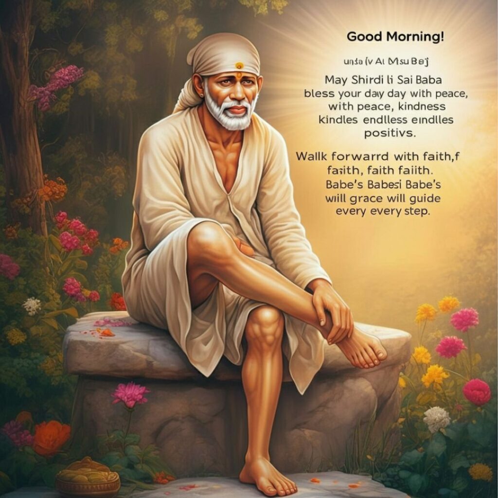 A serene painting of Shirdi Sai Baba sitting on a stone bench amid vibrant flowers and greenery, with morning sunlight behind him. Inspirational text and a “Good Morning!” message are displayed to the right.