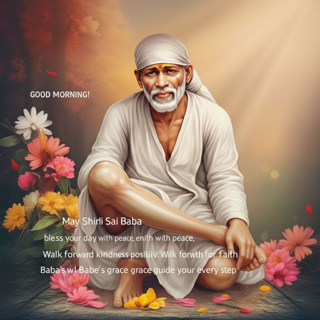 A serene illustration of Shirdi Sai Baba sitting cross-legged, dressed in white robes, surrounded by colorful flowers. The image includes a morning greeting and a blessing text in white font. Warm sunlight bathes the scene.