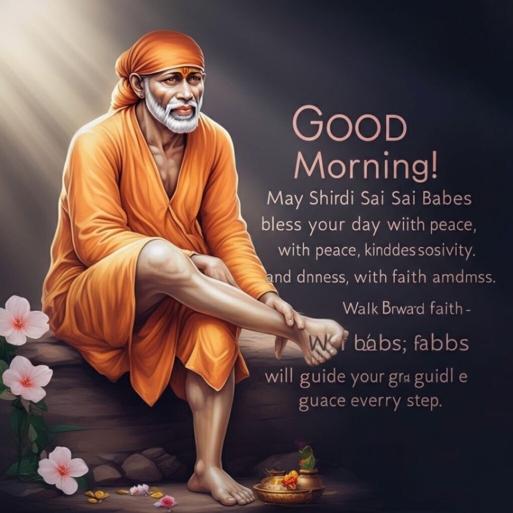 A serene image of Shirdi Sai Baba in orange robes sitting on a stone, with flowers and an offering near his feet. The background features a Good Morning message and a spiritual blessing text.