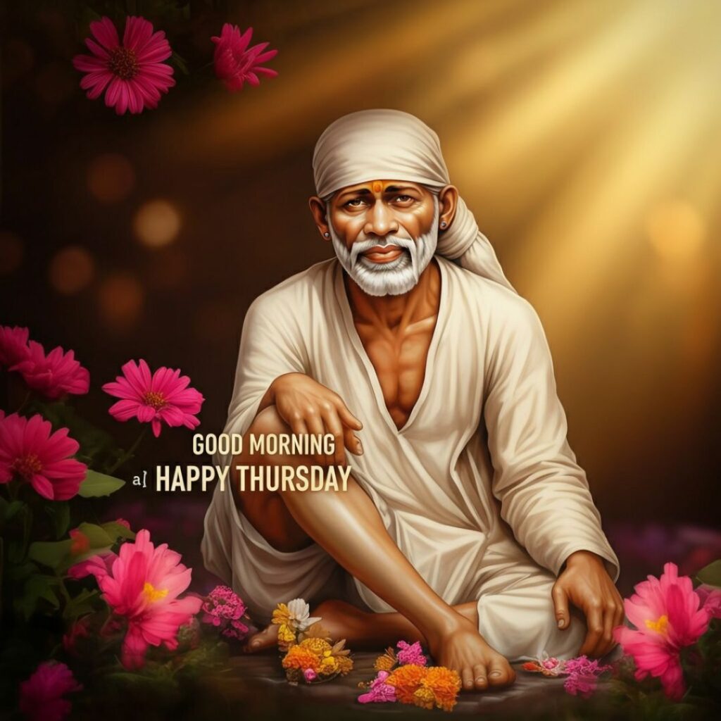 An illustration of Sai Baba sitting cross-legged among pink flowers, with sunlight streaming in the background. Text reads Good Morning & Happy Thursday.