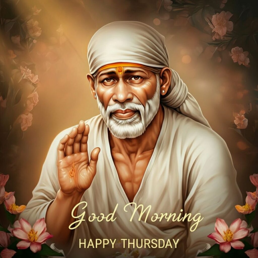 A serene illustration of Sai Baba with a raised hand in blessing gesture, surrounded by flowers. The text reads, Good Morning, Happy Thursday.