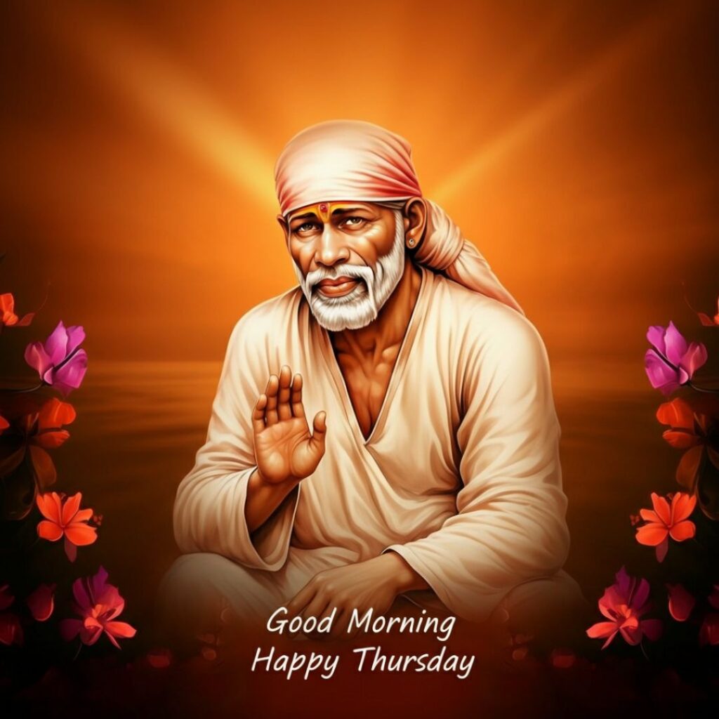 Digital illustration of Sai Baba with a serene expression, raising his right hand in blessing, surrounded by red and pink flowers, with the words Good Morning Happy Thursday at the bottom. Warm orange background.