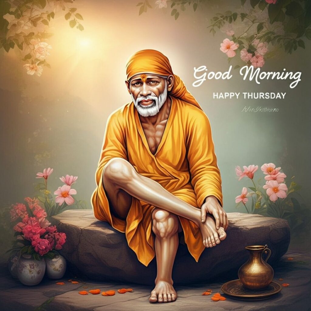 An elderly man in orange robes and headscarf sits cross-legged on a rock, surrounded by flowers, with a pot nearby. The background reads Good Morning, Happy Thursday in white text.