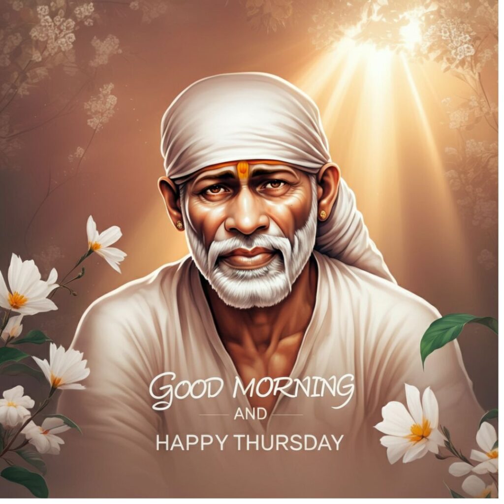 A serene portrait of Sai Baba with a gentle smile, wearing a white headscarf, surrounded by white flowers and sunlight. Text reads, Good Morning and Happy Thursday.